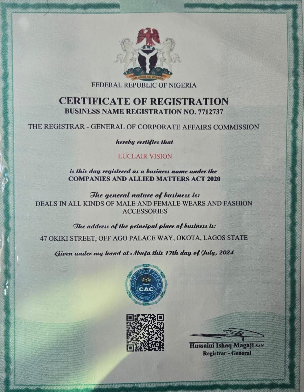Corporate Affairs Commission Registration Certificate
